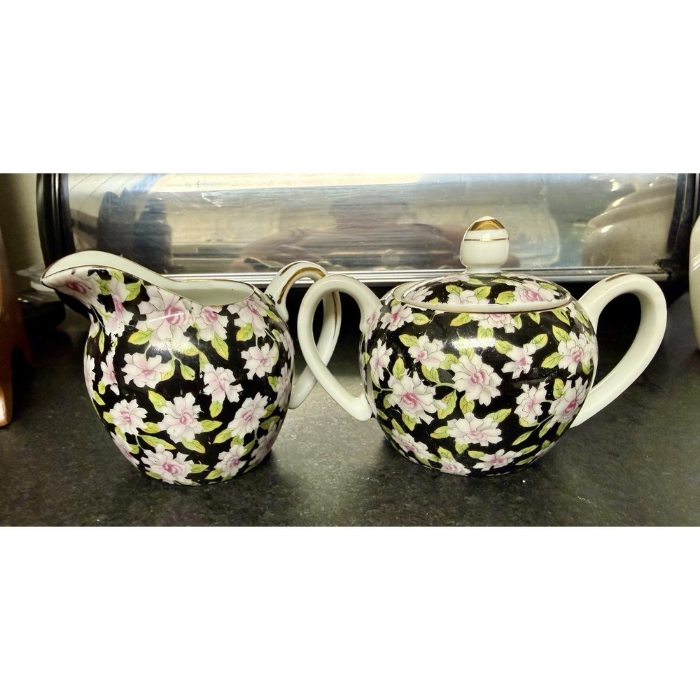 Lefton Vintage China Black Chintz Creamer and Sugar Bowl Set with Lid